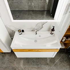 Бриклаер Тумба с раковиной Берлин 100 белая с ручкой дуб золотой – фотография-3